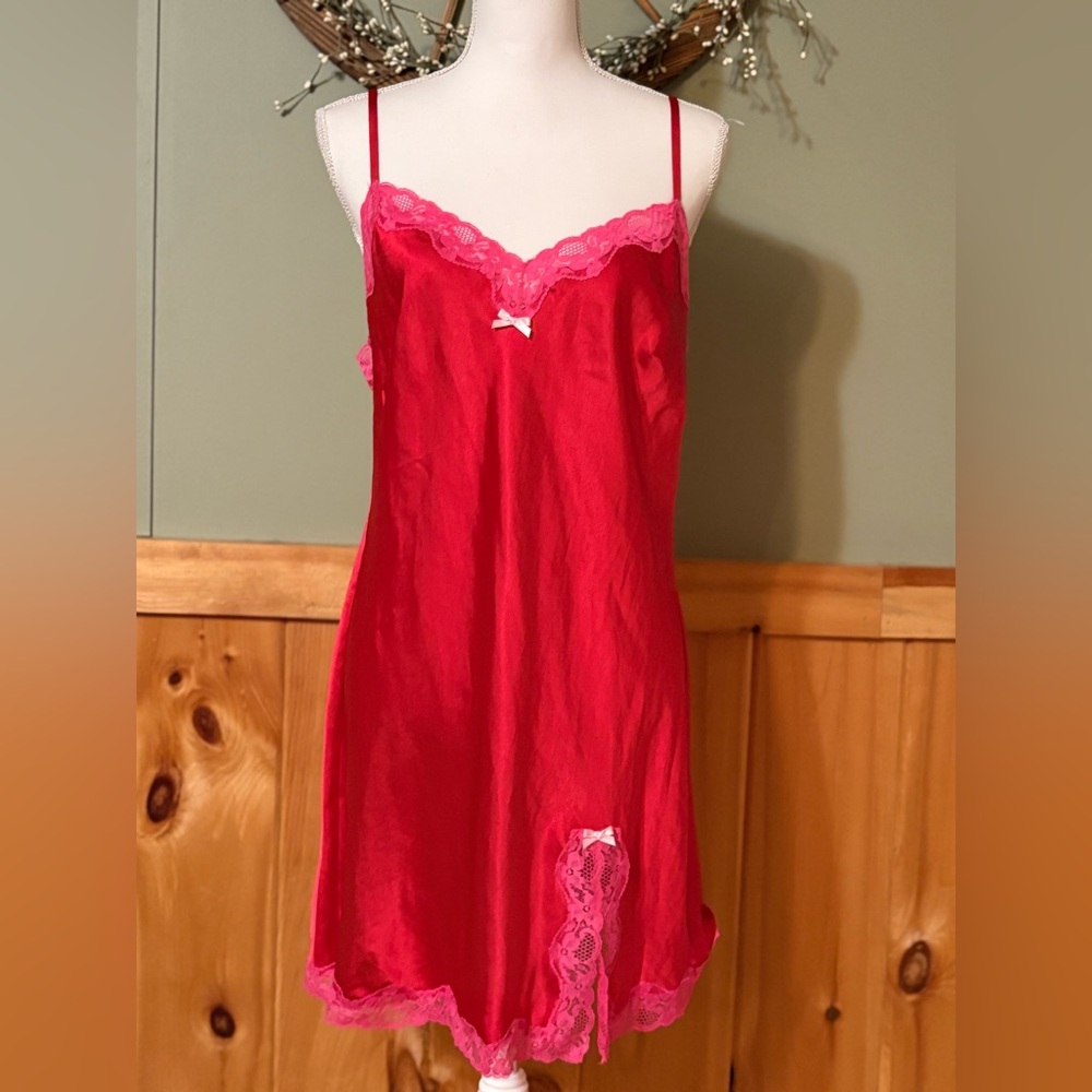 Victoria's Secret Red & Pink Lace Trim Satin Chemise